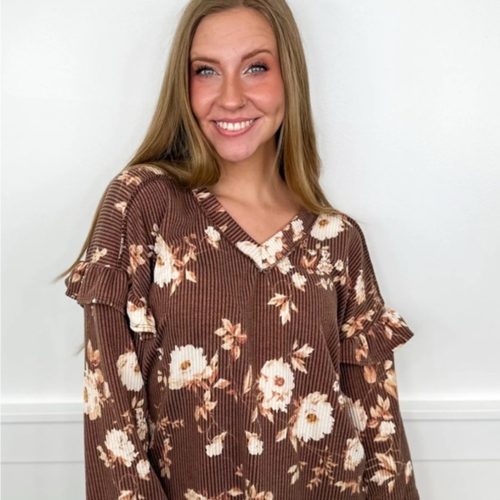 Autres Filles Brown Floral Ruffle long Sleeve Blouse size M